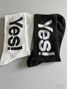 1/4 双装男女通用 YES 字母撞色中筒袜，吸湿透气运动休闲跑步长袜，YES 字母运动中筒袜，情侣高弹透气街头风跑步休闲袜 - 彩色 - 查看 4