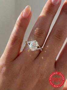 1pc Women's 925 Sterling Silver Hollow 4-Prong Oval Ring With Inlaid Diamonds, Shimmering Openwork Eternal Ring, Exquisite Jewelry Gift For Wedding Engagement - Silver - View 2