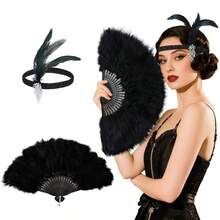 2組裝 1920年代女式 Flapper 配件－羽毛扇、髮箍套組，適用復古婚禮舞蹈 Cosplay 裝扮道具飾品，黑色 - 彩色 - 查看 1