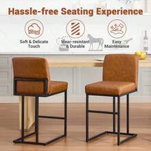 Modern 24" Counter Height Bar Stools with Backrest – Set of 2 – Brown Faux Leather Upholstered Seat – Metal Frame with Adjustable Foot Pegs – Perfect for Kitchen Island, Home Bar or Dining Room - Marrón - Ver 4