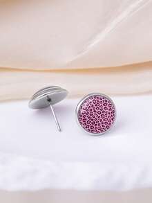 1 Pair Stainless Steel Round Stud Earrings With Pink Leopard Print Pattern, Sexy Minimalist Style Suitable For Women's Daily Wear And Gifts, Elegant Minimalist Jewelry Earrings Suitable For Women's Daily And Holiday Wear - Hot Pink - View 4