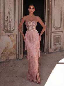 Faeriesty 女士优雅亮片无肩带连衣裙，多层流苏下摆 | 奢华晚礼服，适合盛大晚宴、婚礼或正式场合，夏季度假派对春季装扮 - 香檳色 - 查看 3