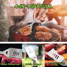 Juego de Herramientas para BBQ de Acero Inoxidable (7pcs), Incluye abrazadera de alimentos, espátula multiusos, tenedor, cepillo de aceite de silicona, cepillo de limpieza y bolsa de almacenamiento. Resistente al Calor, Antideslizante y Fácil de Limpiar. Ideal para Barbacoas en el Patio, Reuniones con Amigos, Horneado en la Cocina, Camping al Aire - A - Ver 4