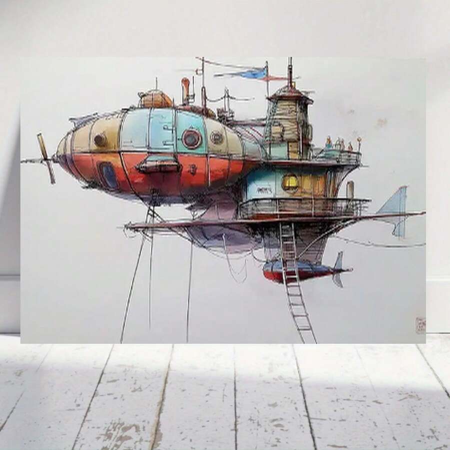 Pintura abstracta 2D plana de un airesta de vapor punk 2D plana, ideal para varios espacios como el baño, la sala de estar, el dormitorio, la cocina y el comedor. Perfecta para la decoración moderna del hogar - Enmarcado - Ver 1