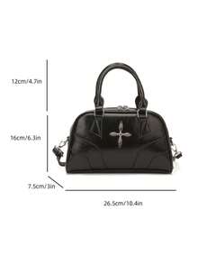 1pc Fashionable Women's Elegant Handbag, Shoulder Bag & Crossbody Bowling Bag, Solid Color PU Patchwork Design With Metal Hardware & Printed Decor, Versatile For Outings, Shopping, Dates - Black - View 9