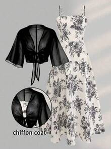 Conjunto de Vestido e Jaqueta Chiffon com Estampa de Rosa Elegante Feminino, Conjunto Gracioso para Praia, Encontro, Dia dos Namorados, Uso Casual Diário, Verão e Primavera Preto - Preto - Visão 4