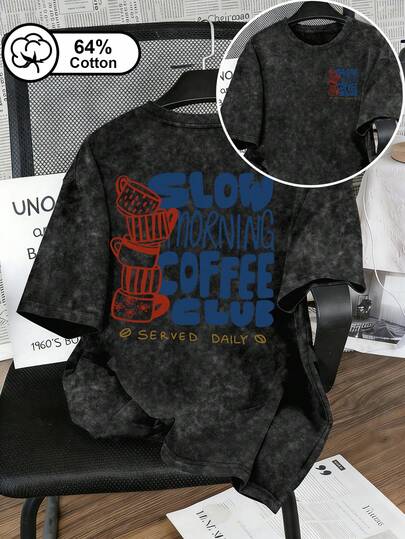 大码女式休闲日常穿着，Slow Morning Coffee Club图案和字母双面印花，复古雪花水洗大码短袖T恤，Y2K风格，咖啡爱好者T恤，适合户外穿着，夏季女式上衣，夏季服装，图案印花