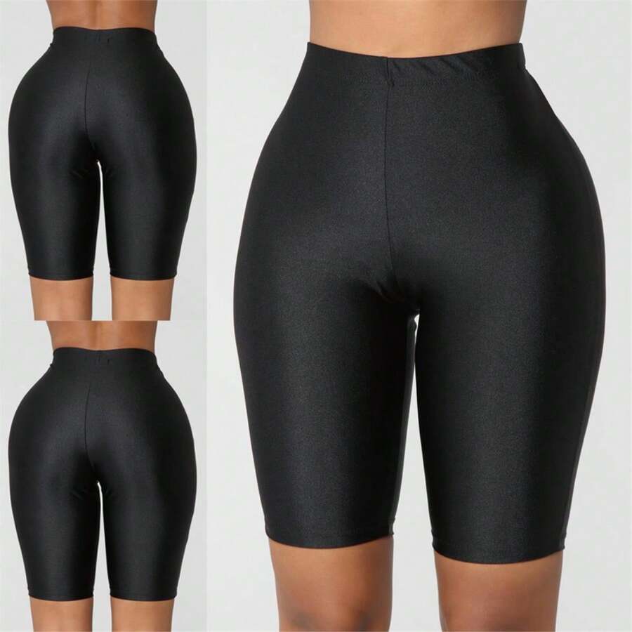 Womens Bike Yoga Shorts Elastic High Waist Shorts Fashion Leggings Sports Casual Pants Gym Elastic Workout Shorts - 黑色 - 查看 1