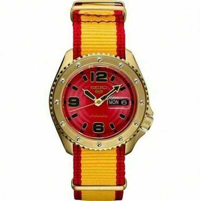 Đồng hồ thể thao cơ tự động nam, vỏ vàng 24K, mặt số đỏ, dây đeo nylon đỏ và vàng, hiển thị ngày.