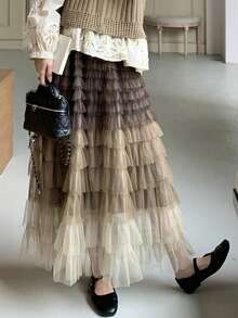 European Fashion New Design High Waist Fitted Multi-Layered Mesh Patchwork Midi Skirt Summer - Coffee Brown - View 9