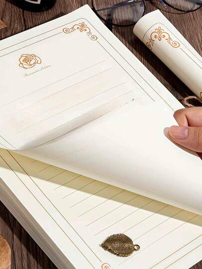 50 قطعة مجموعة القرطاسية الوردة الذهبية، ورق كتابة يدوي فارغ، ورق كتابة سميك ناعم، خطوط منقطة، لوازم مكتبية، قرطاسية دفتر، ظروف، بطاقات دعوة، عيد الحب