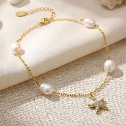 ORSA JEWELS 1 件 925 纯银 14k 金海星形淡水珍珠链脚链沙滩饰品脚踝配饰女士夏季沙滩度假礼物 2026 时尚脚链