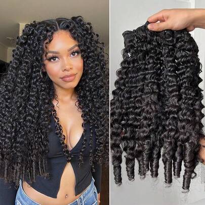 BINF Burmese Curly Human Hair Bundles With Spiral Curls Burmese Curly Bundles Human Hair Extensions 16 18 20 Inch 100% Unprocessed Natural Black 3 Bundles Double Weft