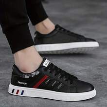 Men's Striped Design Lace-Up Skate Shoes - PU Leather Upper, Breathable Fabric Lining, Fabric Insole, Anti-Slip PVC Outsole, Round Toe, Suitable For Outdoor Casual Wear In Autumn, Spring, Summer And Winter - H09 Black - View 3