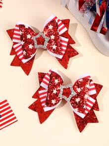 2PCS 4th Of July Hair Bows Girls Red Glitter Hair Clips, Red Blue Bow Hair Clip, Fashion National Flag Day Hairpins, Exquisite Imitation Diamond Pentagram Bow Hair Clips, Sparkling National Day Gift, Teens Hair Accessories Girl Hair Accessories - Red - View 3