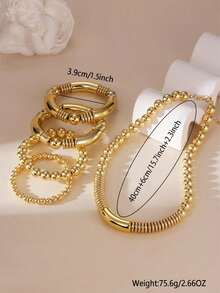 5pcs Fashionable Gold Metal Beaded Necklace, Bracelet, Jewelry Set For Women, Suitable For Daily Wear - Multicolor - View 4
