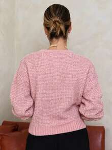 Women's Long-Sleeved Knit Sweater For Winter, Basic Style, Round Neck, Chenille Mousse Fabric, Cross Needle, Thick, Comfortable, Waffle Style - 淺粉色 - 查看 2