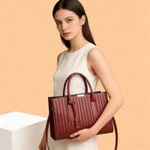 New Stone Textured Large Capacity Women's Tote Bag, PU Material, Suitable For Commute In Winter - Red 2 - View 5