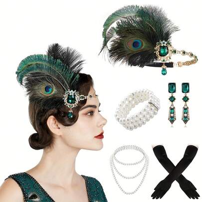 Bộ phụ kiện trang phục thập niên 1920 gồm 5 món, bao gồm băng đô lông vũ, vòng cổ ngọc trai cổ điển, găng tay và bông tai đính đá, thích hợp cho nữ dự tiệc, dạ hội.