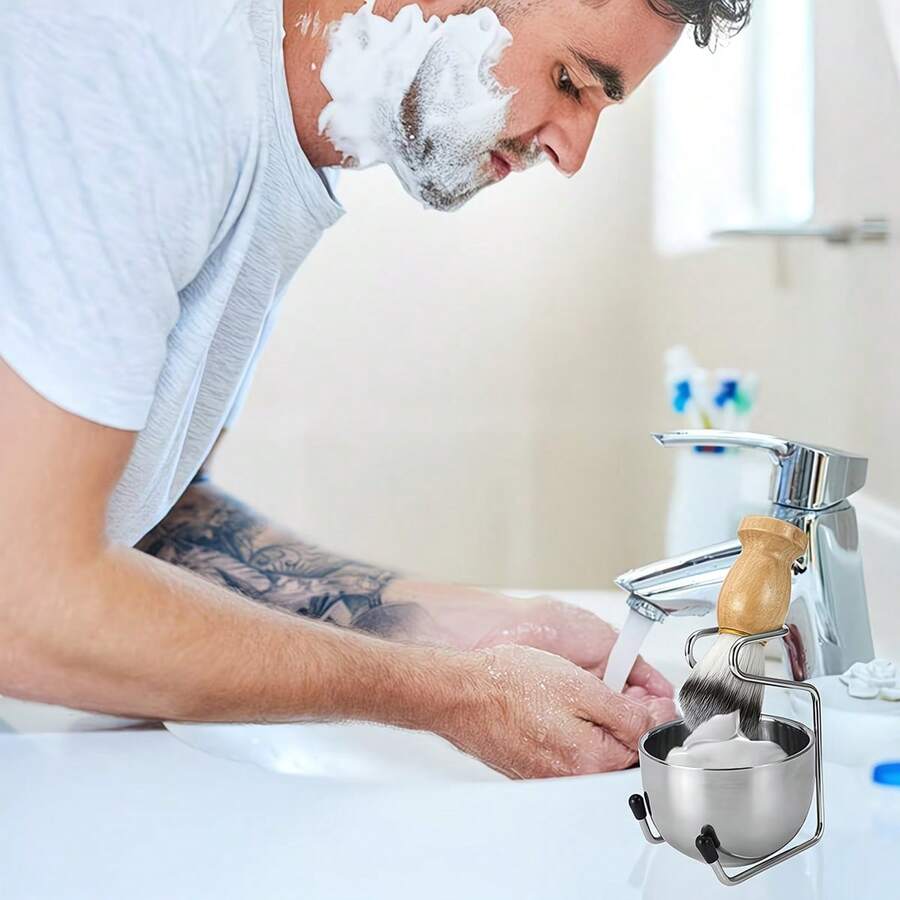 Bộ dụng cụ cạo râu nam - Gồm cọ + giá đỡ + tô cạo râu bằng thép không gỉ, cọ lông mềm.