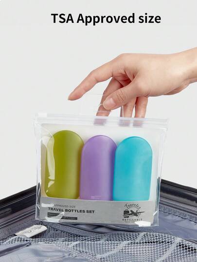 YUEMEI MOMENT 3pcs Travel Refillable Bottles Set, 60ml/2.11fl.Oz Capacity, Carry-On Approved, Refillable For Shower Gel & Shampoo, Squeeze Flip Cap Bottles, Dopamine Color, Comes With Transparent Toiletry Bag, Essential For Business Trip, Fitness, Swimming