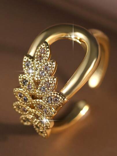 1pc Gorgeous Leaf Hollow Out Oval Single Rings Fashion Cubic Zirconia Charm Women Ring For Girl Birthday Dating Graduation Engagement Gift Copper Jewelry