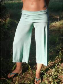 Fold Over Wide Leg Capri Pants For Women Low Rise Yoga Flare Culottes Y2k Flowy Crop Palazzo Gaucho Pants Summer Beach Bottom - Baby Blue - View 1