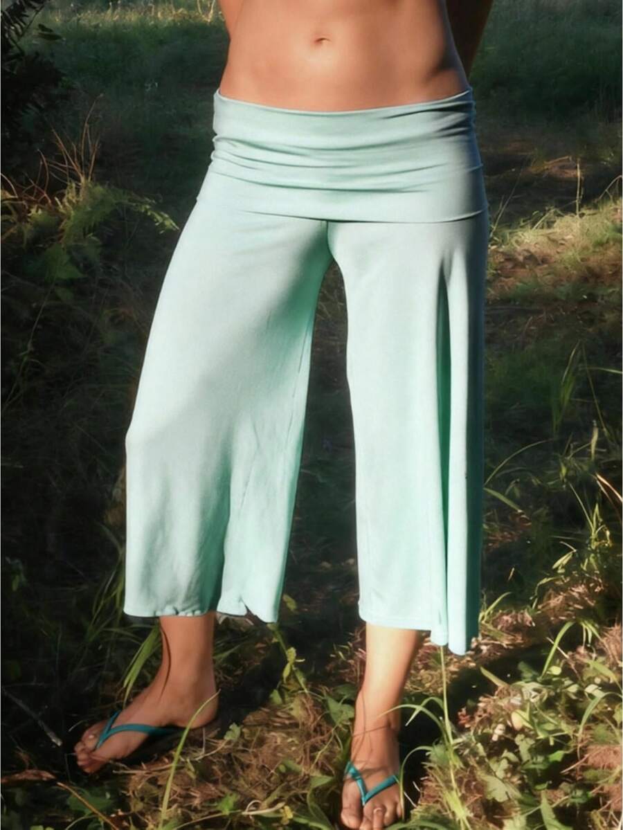 Fold Over Wide Leg Capri Pants For Women Low Rise Yoga Flare Culottes Y2k Flowy Crop Palazzo Gaucho Pants Summer Beach Bottom - Baby Blue - View 1