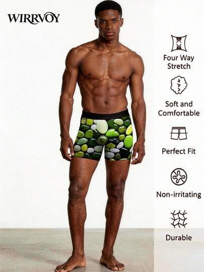 2条装男士时尚光滑鹅卵石和宝石印花平角内裤，舒适休闲日常穿着，适合作为周年纪念日、情人节、生日、结婚礼物送给朋友、男友、丈夫。