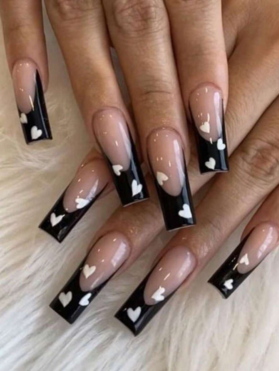 24 piezas de uñas postizas en forma de ataúd largas con diseño francés de corazones, estilo Y2K, incluye esmalte de gel y lima de uñas, adecuado para fiestas, eventos y uso diario, para mujeres y niñas, incluye herramientas de manicura, set de arte de uñas moldeable - Multicolor - Ver 1