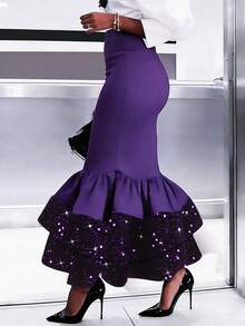 加大码黑色美人鱼长裙，优雅亮片荷叶边针织面料长裙度假风 - 紫色 - 查看 1