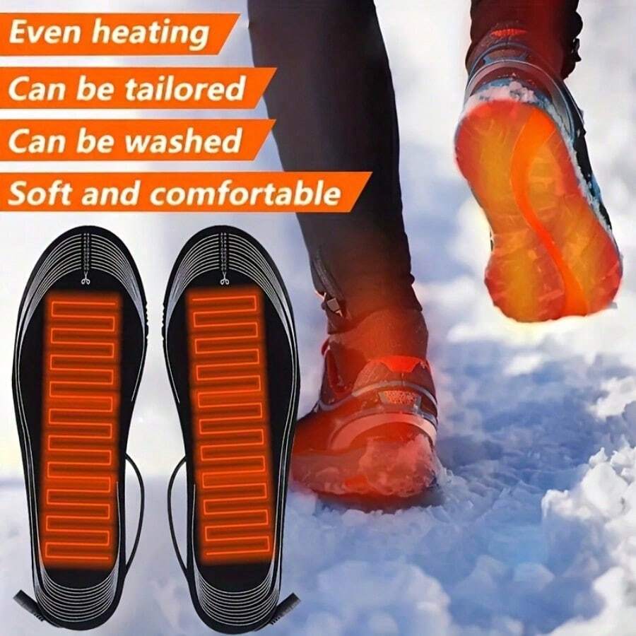 1 Pair Full Foot Coverage Electric Heated Insoles, USB Plug Design, Comfortable Fit, Fabric With Overheat Protection, Suitable For Skiing, Camping And Hunting - Black - View 1