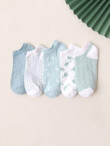 1/5 Pairs Women's Multicolor No Show Socks, Green Plaid, White, Refreshing Fashion Minimalist Versatile Soft Comfortable Moisture-Wicking, Suitable For Party Outfits, Spring/Summer - Multicolor - View 2