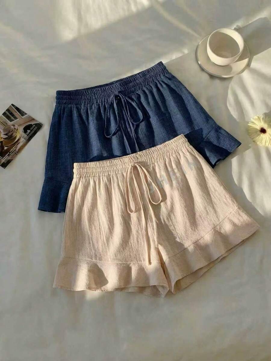 Quần short dáng rộng, màu trơn, có bèo nhún, dây rút, kiểu dáng thường ngày, thoáng khí, đa năng, phù hợp cho đi làm, dạo phố, dự tiệc mùa hè, kiểu dáng casual mới 2026. - Nhiều màu - Xem 1