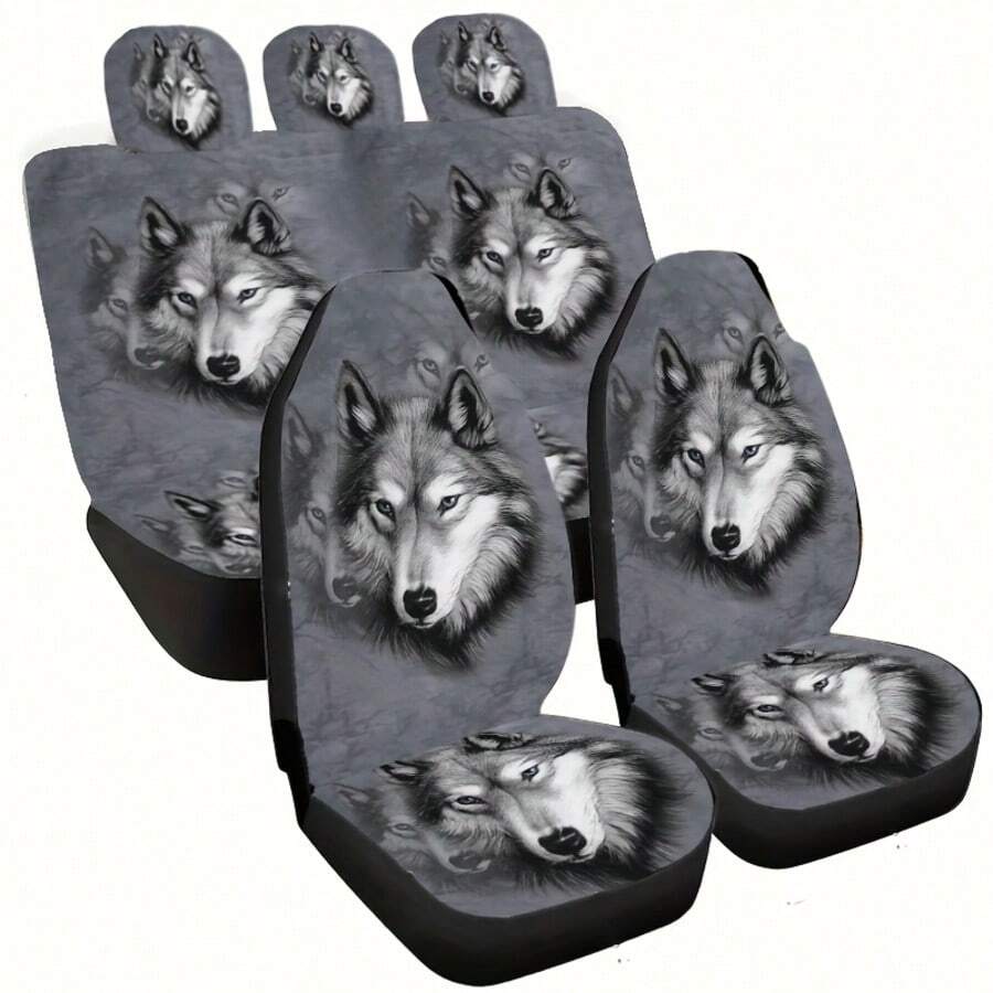 1pc Fashionable Retro Cool Gray Wolf Pattern Car Seat Cover Universal - Big Bad Wolf - View 1