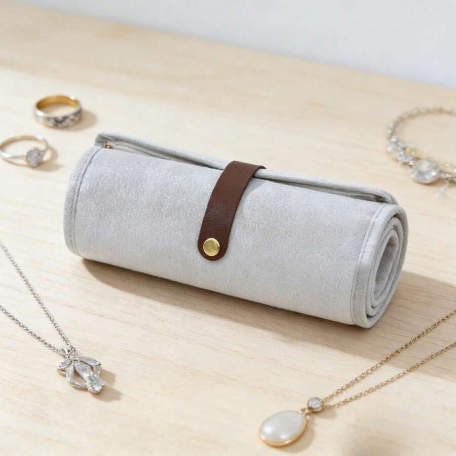 Portable Jewelry Roll Organizer Travel Foldable Pouch Compact Jewelry Wrap For Necklaces, Earrings, Rings - Grey - View 1