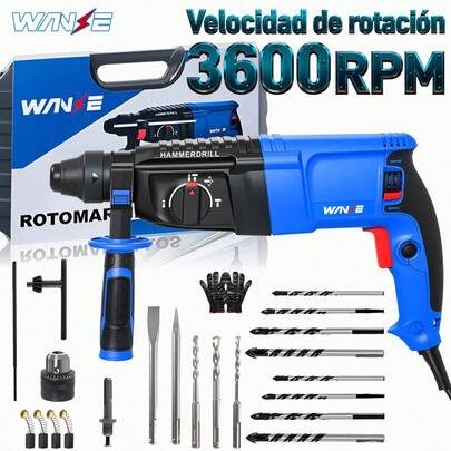 Martillo rotativo multifuncional Wanse 3 en 1 con accesorios completos, ideal para trabajos en concreto y construcción