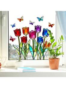 1pc Colorful Tulip & Butterfly Static Cling Window Film, Reversible Stained Glass Effect Decal For Kitchen, Bedroom, Sunlight Reflection - Multicolor - View 5