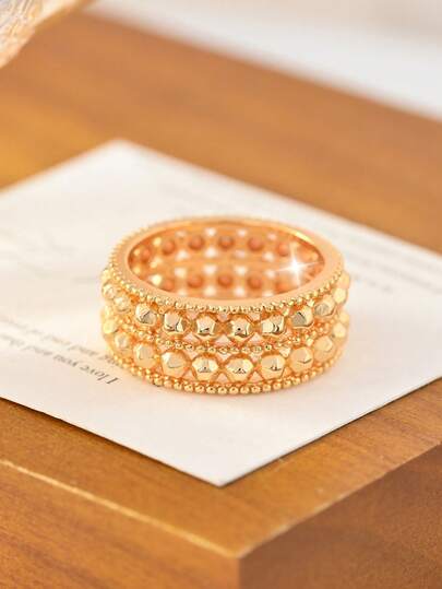 خاتم ذو طبقتين مفرغ بطراز دبي الكلاسيكي، مطلي بالذهب عيار 18 قيراط، مجوهرات أنيقة للنساء مناسبة للاستخدام اليومي والحفلات. هدية مثالية للصديقة/الأم.