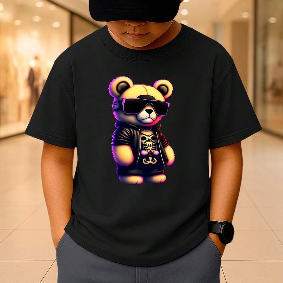 Camisa Infantil Urso Colorido Manga Curta 100% Algodão Fio 30.1 Camiseta Estampada Criança - Preto - Visão 1