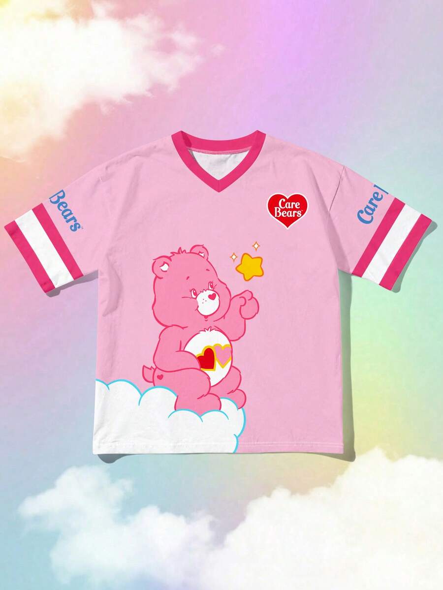 SHEIN | Care Bears Áo thun ngắn tay cổ chữ V in hình hoạt hình dễ thương, thiết kế đáng yêu giúp làm tươi sáng trang phục hàng ngày của bạn. - Hồng - Xem 1