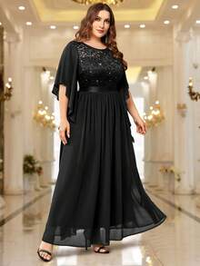 Plus Size Elegant Sequin Lace Patchwork Chiffon Butterfly Sleeve Ruffle Hem Formal Party Maxi Dress Spring Black - Black - View 6