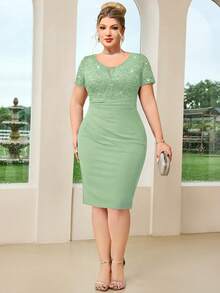 Plus Size Deep V-Neck Sequin Floral Lace Ruffle Hem Bodycon Dress Summer Elegant - Mint Green - View 8