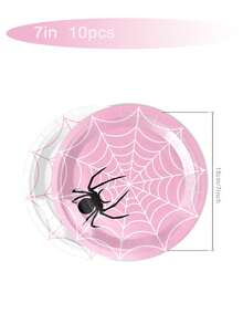 10 piezas Vajilla desechable con diseño de araña rosa de 7/9 pulgadas, bandeja redonda desechable para postres, vasos de papel, servilletas, adecuado para fiestas con temática de araña, fiestas de cumpleaños, fiestas familiares, fiestas con amigos, suministros para cenas - Multicolor - Ver 3