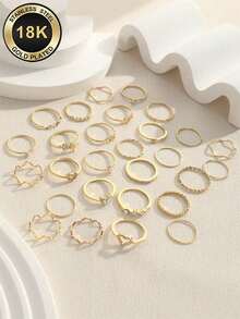 28pcs/Set Fashionable Ring Set With Heart Shaped Design, Geometric Style And Bohemian Element Accent - Gold - View 4