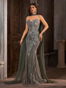 Luxury Sequin Mermaid Evening Gown, With Pearl Decor Fringed Cape Shawl, High Neck Sheer Sparkly Formal Maxi Dress, Suitable For Wedding Guests And Formal Parties - Olive Green - View 5