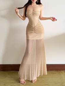 YeonC Solid Color Fitted Off Shoulder Sheer Dress - Apricot - View 4