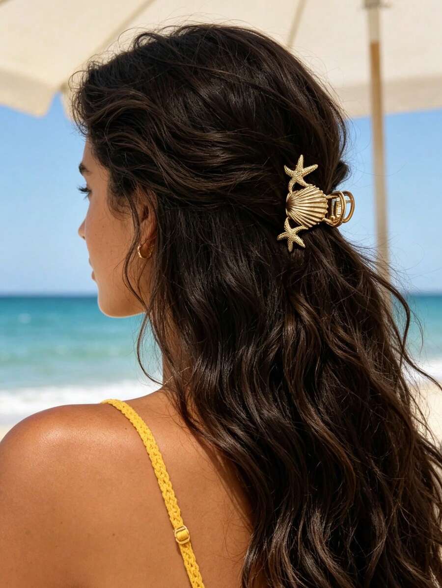 1 chiếc kẹp tóc kiểu dáng đường phố thanh lịch, đa năng hình sao biển và vỏ sò bằng hợp kim vàng. - Nhiều màu - Xem 1