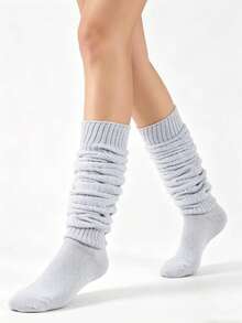 1 đôi tất trắng cao đến đùi, tất phồng, kiểu dáng thời trang phối cùng giày đen, unisex, phong cách học sinh cổ điển. - trắng - Xem 3