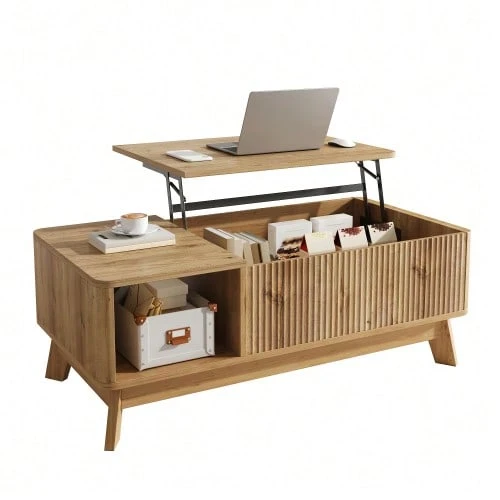 Couchtisch Mit Hubfunktion, Wellenoptik, Offenes Seitenfach, MDF-Material, Moderner Stil - Natural - View 1